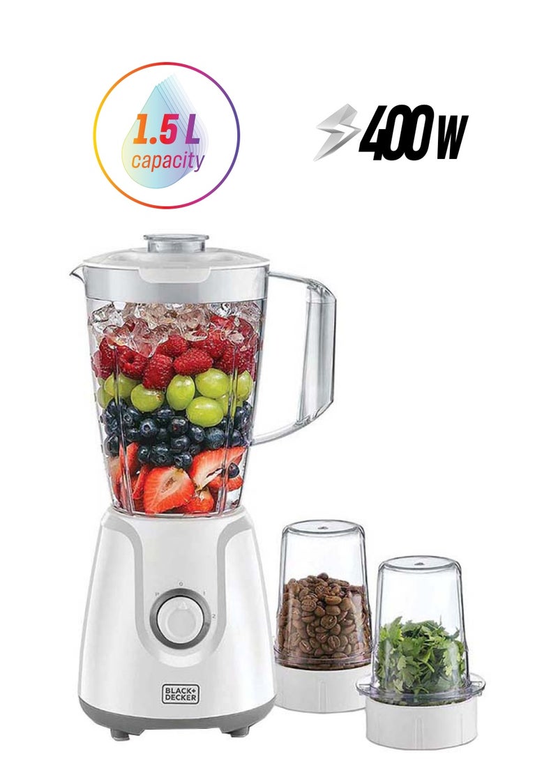 Blender with Grinder Mill & Chopper Mill, 1.5L Jar, 2-Speed with Turbo Function, Durable Plastic Build, Multi-Purpose for Smoothies, Juices & Food Prep, 1.5 L 400 W BX4000-B5 White