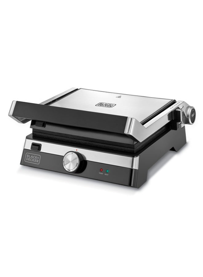 Family Health Grill with 180° Hinge, 1500cm² BBQ Area, 5-Level Height Adjustment, Variable Temperature Control, Removable Drip Tray, Cool-Touch Handle, 2000 W CG2000-B5 Black/Silver