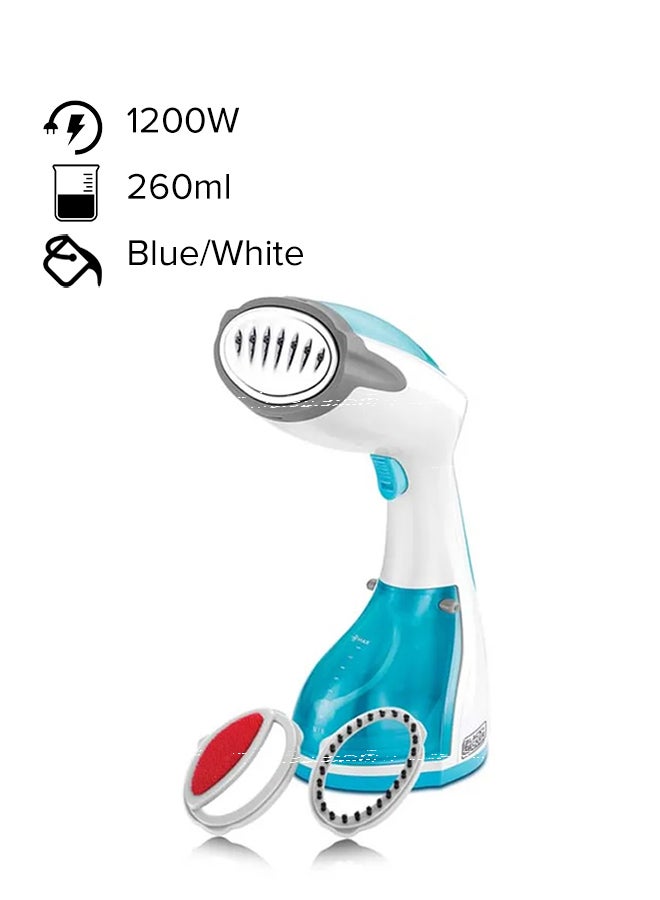 Handy Garment Steamer, Fast Heat-Up in 35 Seconds, 260ml Detachable Tank, Anti-Drip Technology, Continuous Steam Lock, Compact Design, Versatile Accessories, 0.26 L 1200 W HST1200 Blue/White